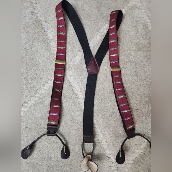 Men's Burgundy and Black Suspenders Fish Fishing Trout - Picture 1 of 4